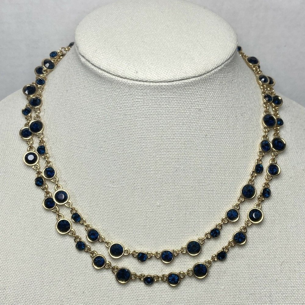 Gold Tone Blue Rhinestones Long Strand Necklace 38”